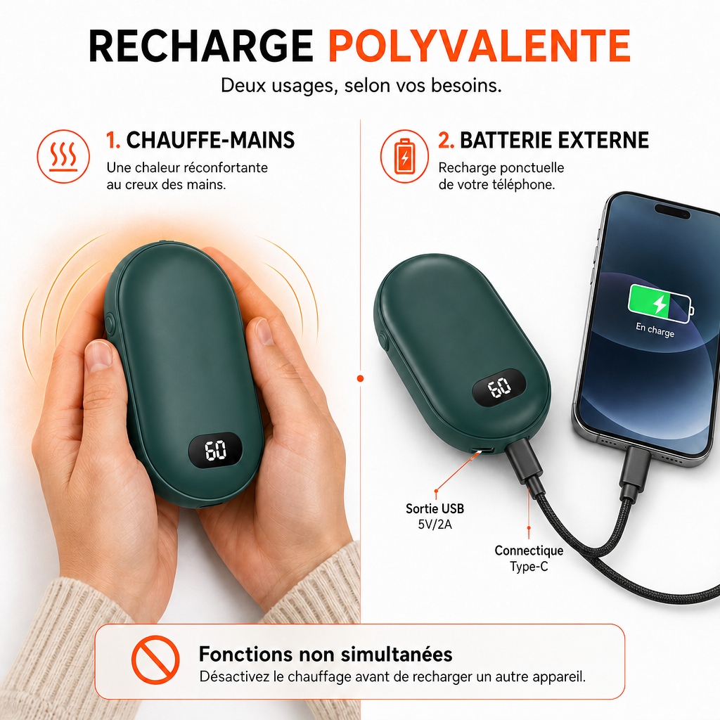 Chauffe-Mains Électrique Rechargeable avec Écran Digital