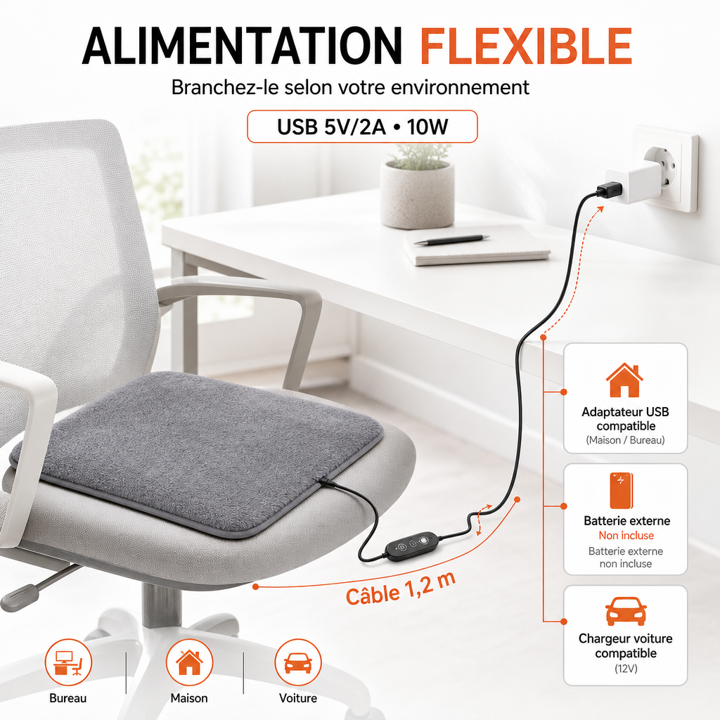 Coussin de Siège Chauffant USB à 4 Niveaux de Température