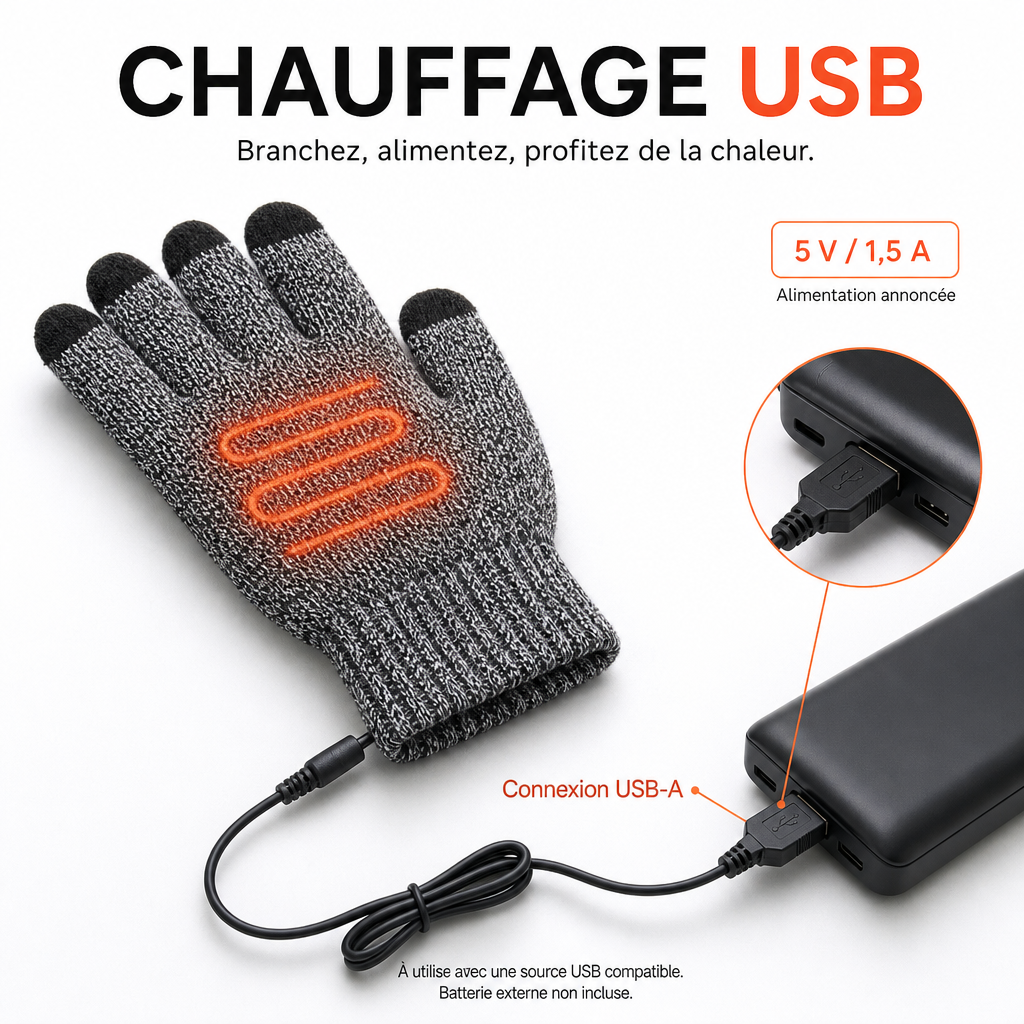 Gants Chauffants USB Antidérapants à Chauffage 5 Doigts