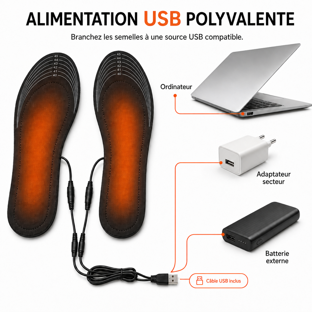 Semelles Chauffantes Électriques USB Ajustables pour Homme & Femme
